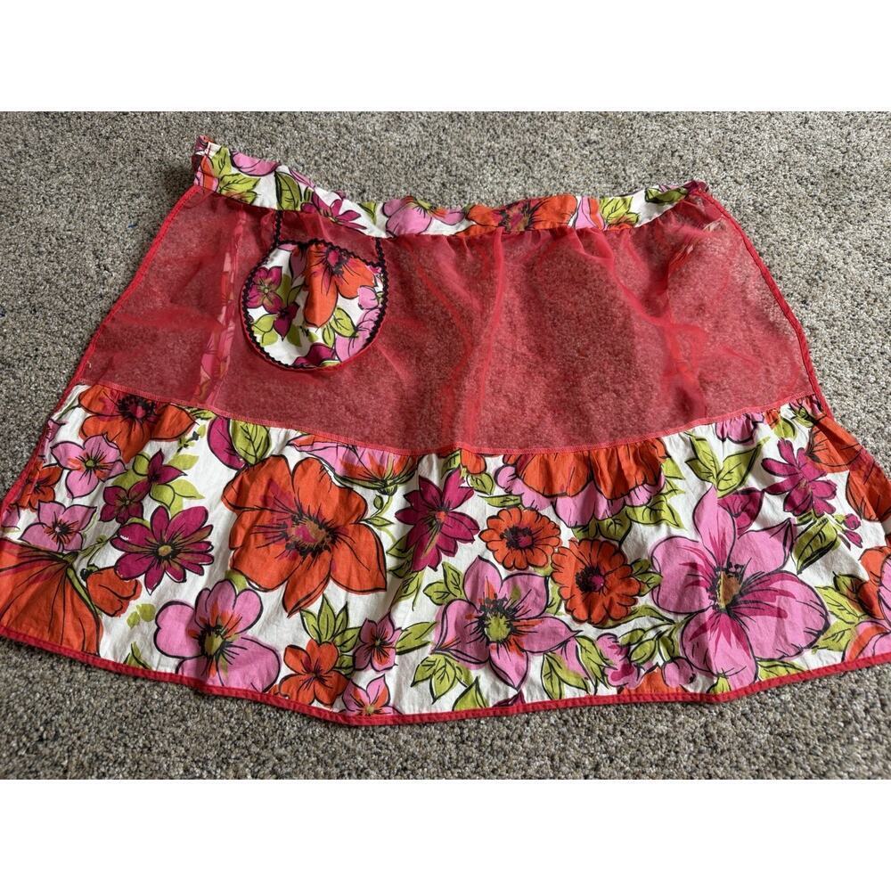 Vintage Sheer and Floral Half Apron Bright Pink Cottagecore
